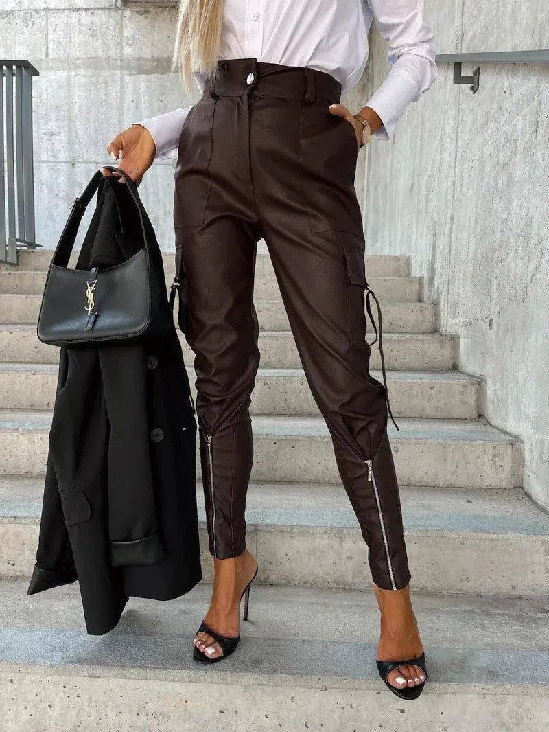 Fashion Slim-fitting Leather Trousers Women Waist-cinching Zipper Design Pants With Pockets-Dark Brown-5