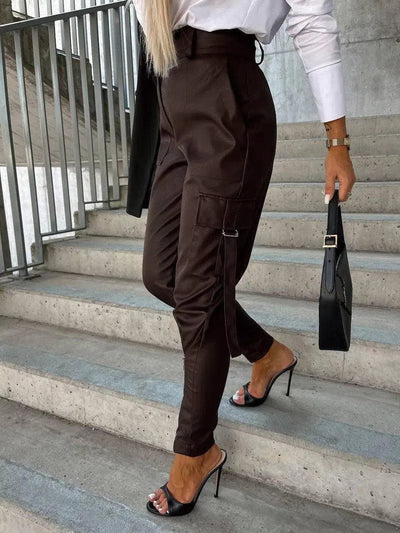 Fashion Slim-fitting Leather Trousers Women Waist-cinching Zipper Design Pants With Pockets-6