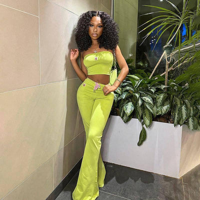 Fashion Summer Suit Embroidery Tube Top And High Waist-Grass Green-8