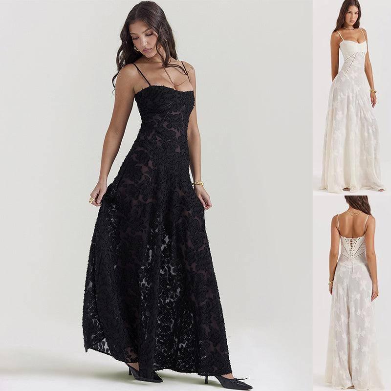 Elegant Black Long Lace Dress for Summer-1