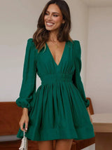 Fashion V-neck Dress Women's Elastic Waist Pleated Ruffled French Skirt Long Sleeve Short Dress-Green-8