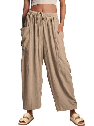 Fashion Wide Leg Pants Summer Loose Elastic High Waist-Khaki-9