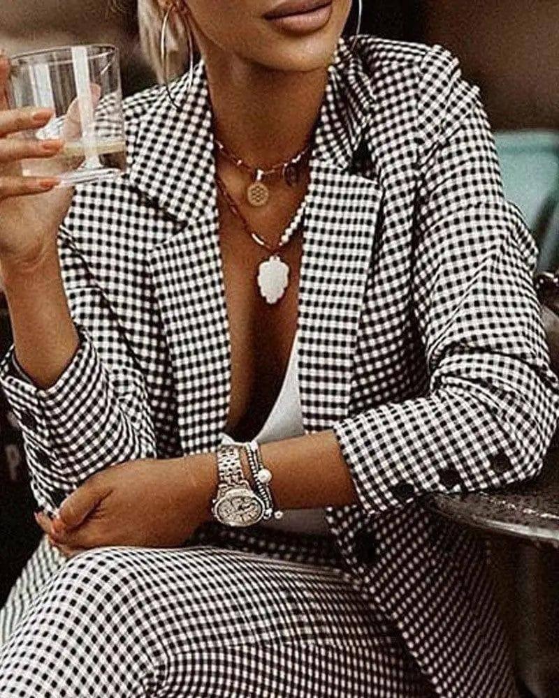 Fashion Women's Plaid Slim Fit Lapel Suit Set-Blackwhite-2