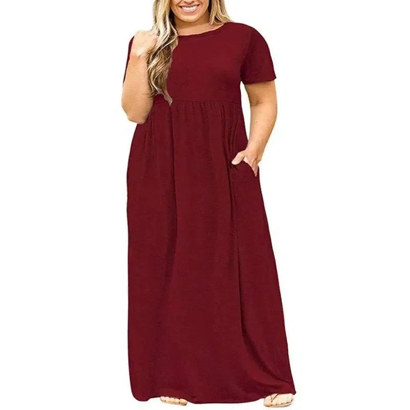 Big size Dress Women Summer Large Size Short Sleeve Print Wear-Resistant Long Dress Plus Size Fat MM Women Clothing Maxi Dress-Burgundy-13