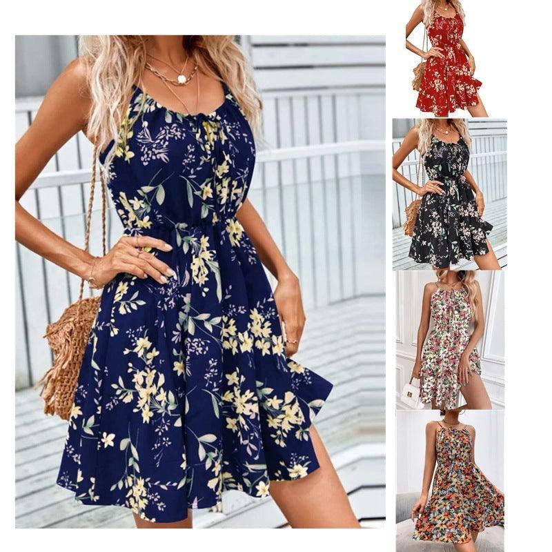 Floral Print Suspender Dress With Elastic Waist Design-1