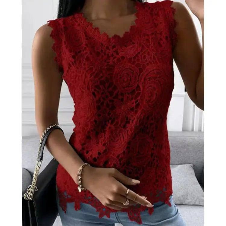 Flowers Lace Vest Women Summer Tops S-5XL-Burgundy-4