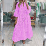 French Style V-neck Bell Sleeve Lace Hollow Out Solid Color-Pink-13