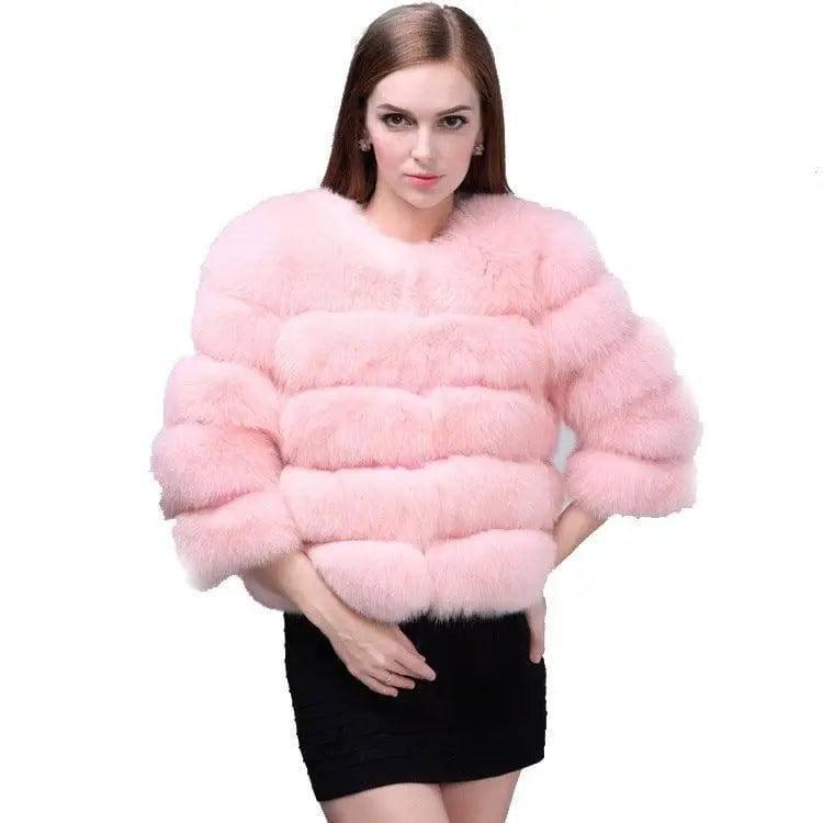 Fur Coat Women's Fox Fur Cropped Slim Fit-Pink-2