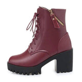 Genuine Leather Fashion High Heel Thick Heel Army Boots-Red single lining-5