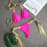 Golden Tassel Sexy Backless Bikini Crystal Diamond-RoseRed-4