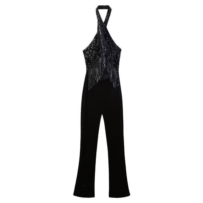 Halter Backless Tassel Beads Decoration Jumpsuit-XS-2