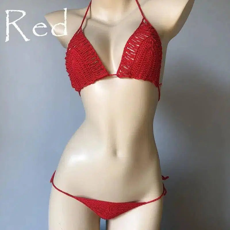 Hand-woven Hollow Bikini Women's Swimsuit-Red-6