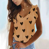 Heart Print V-Neck Ruffled Pleated T-Shirt Top-Khaki-4