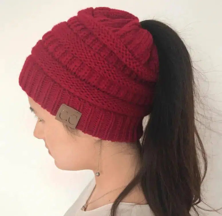 High Bun Ponytail Beanie Hat Chunky Soft Stretch Cable Knit-Red-6