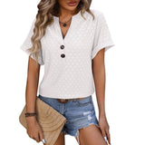 New Hollow Circle Design T-shirt V-neck Button Solid Color Short-sleeved T-shirt Tops For Womens Clothing-White-4