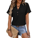 New Hollow Circle Design T-shirt V-neck Button Solid Color Short-sleeved T-shirt Tops For Womens Clothing-Black-5