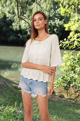 Hollow Fashion Short Sleeve Casual Women's Knitwear-White Beige-6