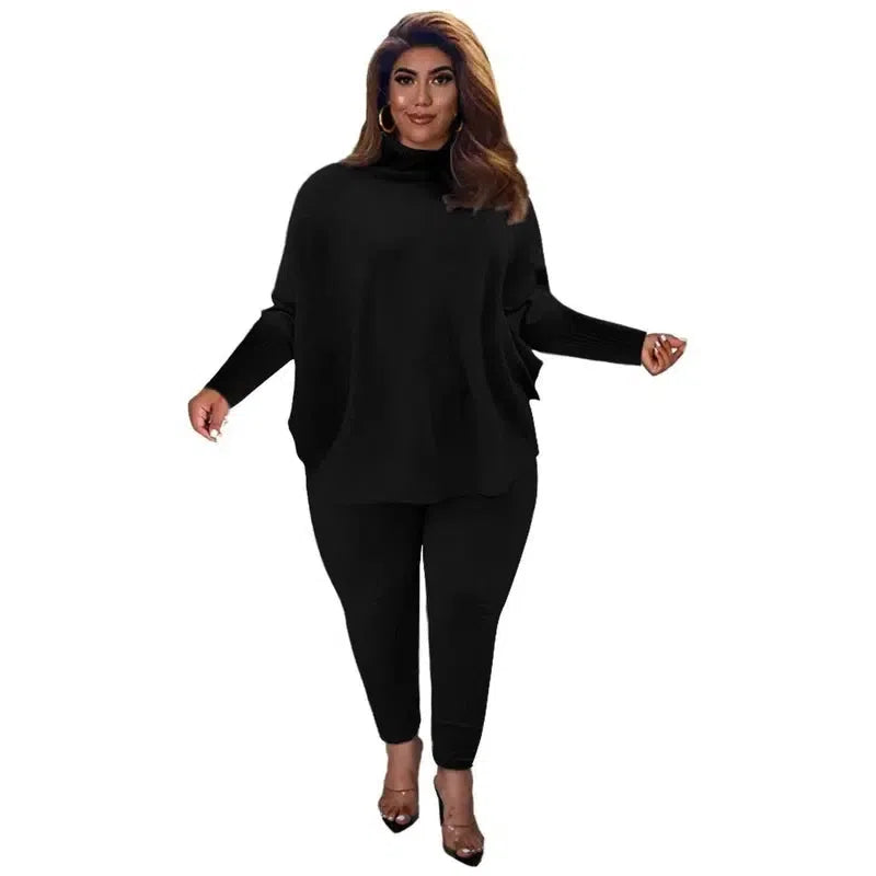 Knitted Plus Size Women 2 Piece Set Casual Solid Bat Sleeve-Black-10