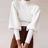 Knitted Pullover Sweaters Lantern Sleeve Black Women Sweater-White-1