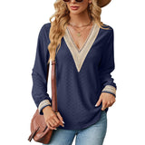 Lace Stitching V-neck T-shirt Loose Long-sleeved Solid Color-Navy Blue-4