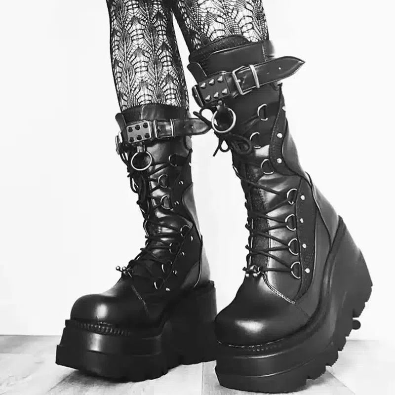 Lace-Up Combat Boot Motorcycle Black Bucke Chunky Boots For-4