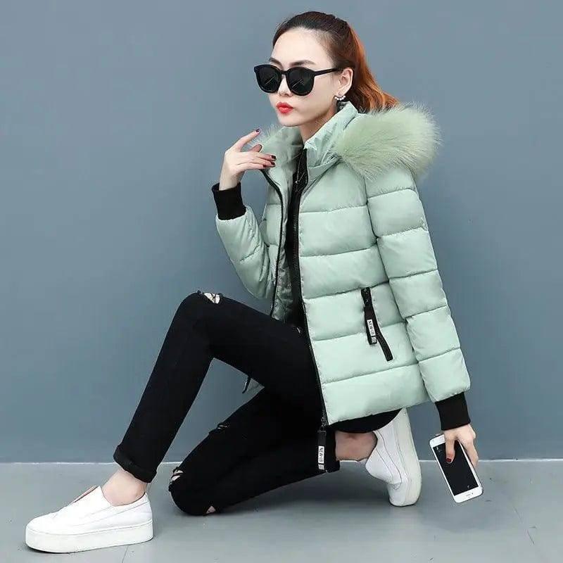 Ladies large fur collar padded down jacket-Green-10