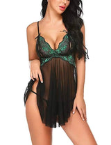 Ladies See-through Lingerie Suspenders Lace Nightdress-Green-2