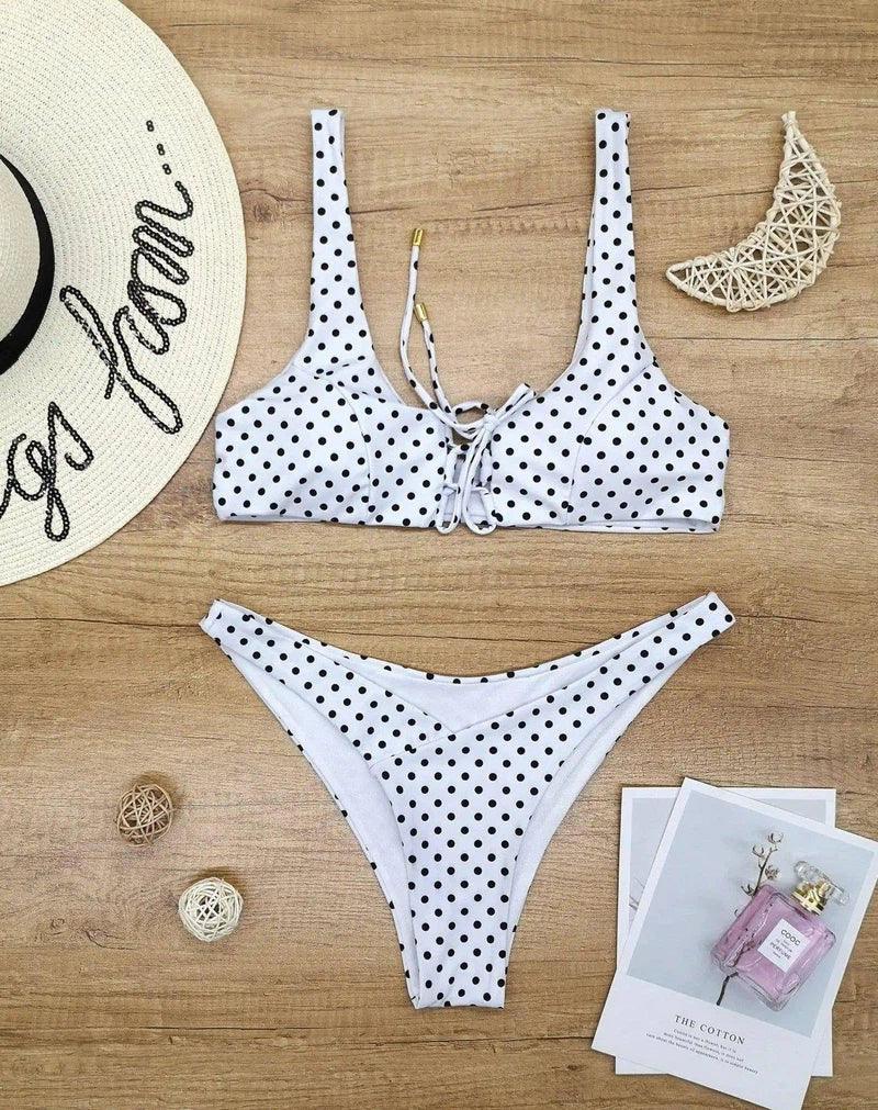 Ladies Split Polka Dot Print Swimsuit Swimwear-White-2