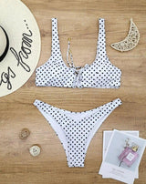 Ladies Split Polka Dot Print Swimsuit Swimwear-White-2