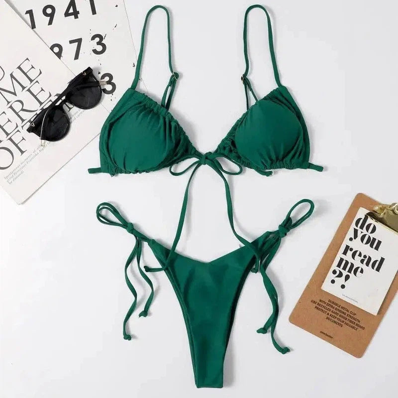 Ladies Swimsuit Solid Color Split Drawstring Thong-Green-11