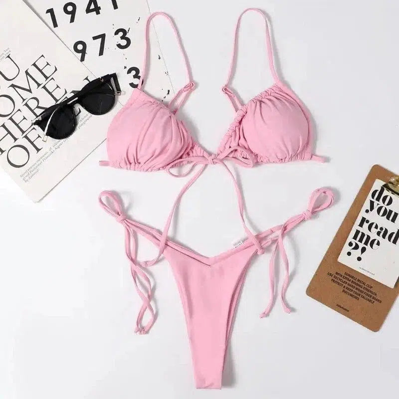 Ladies Swimsuit Solid Color Split Drawstring Thong-5