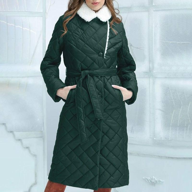 Lapel Cotton-padded Coat Mid-length Slim-fit Rhombus Plaid-Dark Green-5