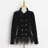 Lapel Long Sleeve Slim Double Breasted Tassel Coat Women-Black-4