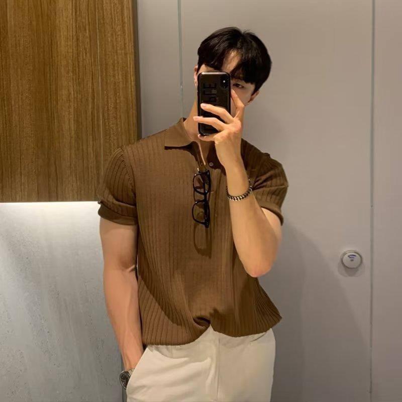 Lapel Polo Shirt Men's Fashion Brand Casual Summer Texture Solid Color Korean Style Knitwear Short Sleeve T-shirt-Brown-4