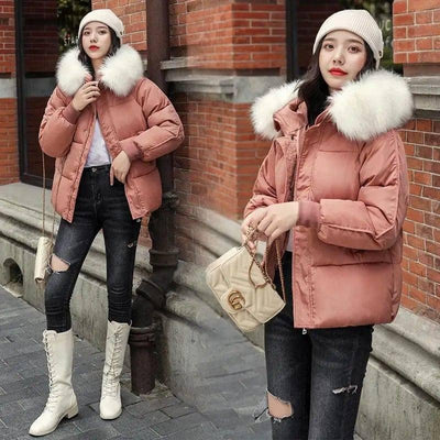 Large Fur Collar Thick Padded Jacket Down Women Short Slim-BeanPaste-5