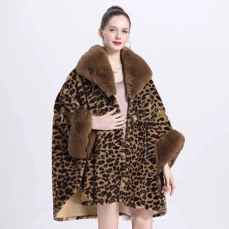 Leopard Print Big Hair Leader Mouth Cardigan Cape Women-Yellow-3