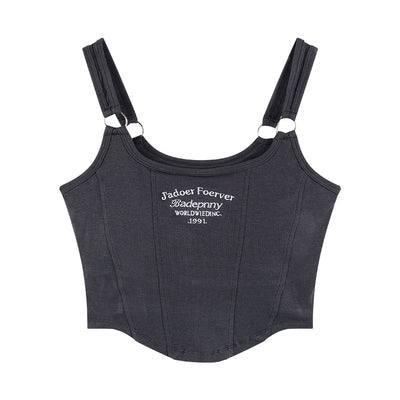 Letter Embroidery Small Suspender Vest Women Slim Short-Grey-6