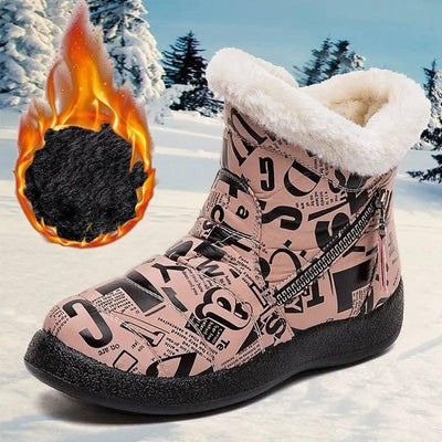 Letter Print Boots Winter Warm Plush Snow Boot Women Shoes-Pink-2