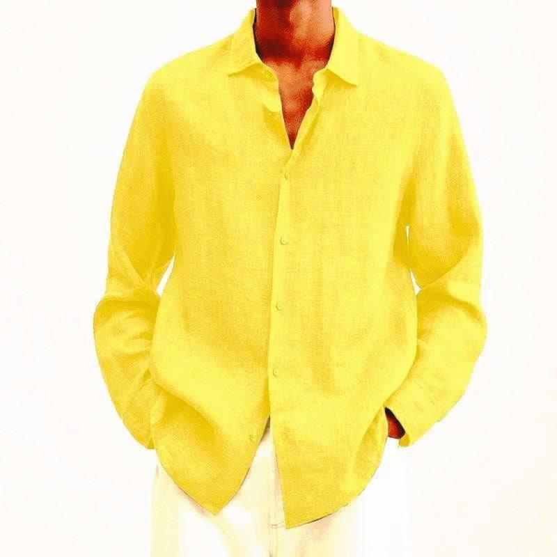 Long Sleeve Lapel Shirt Men's Loose Button Cardigan Sshirt-Yellow-13