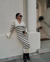 Long Sleeve Women's Knitted Deep V Dress-Stripes-6