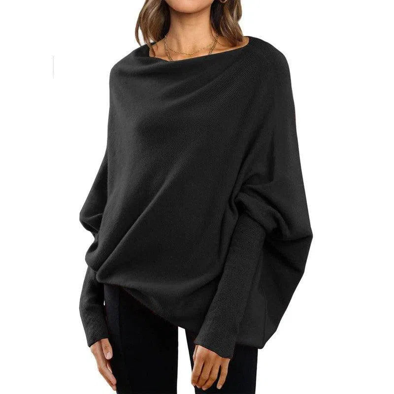 Loose Bat Sleeve Sweater Tops Simple Casual Fashion Versatile Solid Color Round Neck Sweater For Women-Black-3