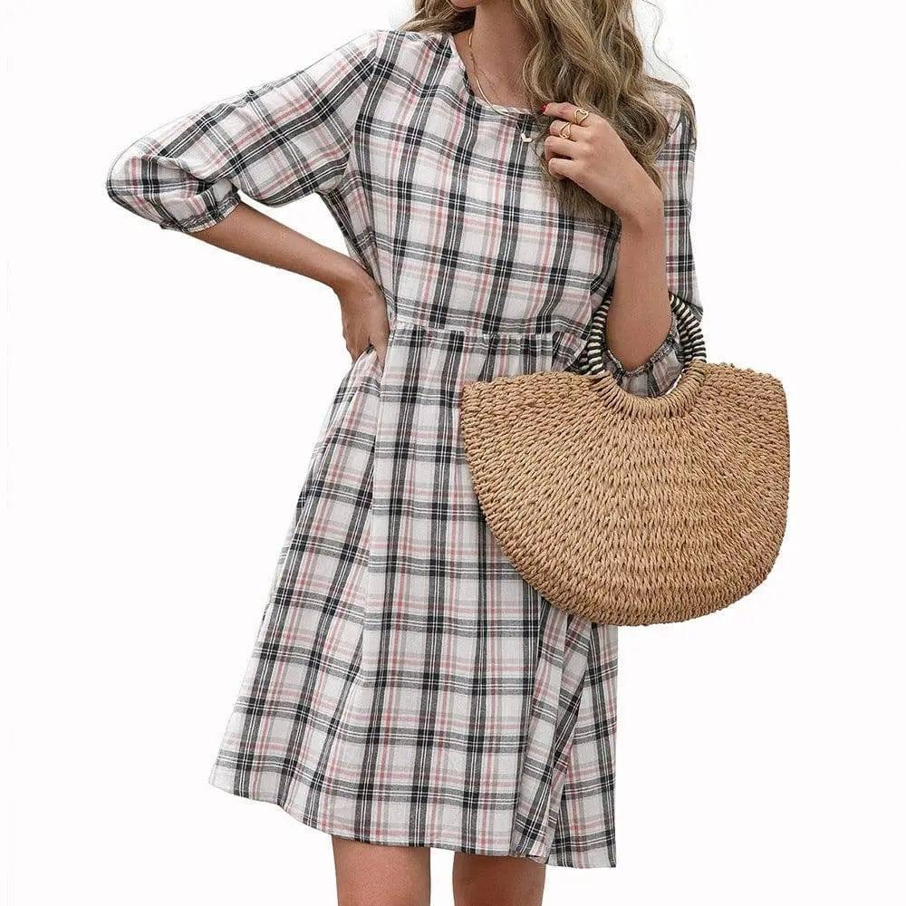 Loose Casual Pullover Plaid Dress Women-Black-3