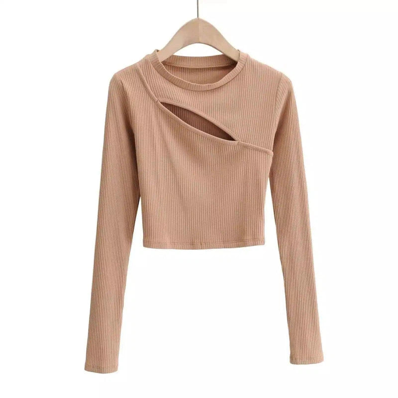 Cropped Knit Sweaters with Long Sleeves-Khaki-4