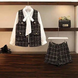 Women's Tweed Vest and Shorts Set with Bow Blouse-Black twopiece suit-4