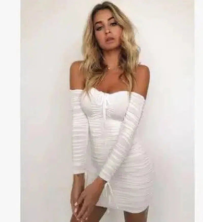 Bandage Dress Women Off Shoulder Long Sleeve Slim-White-18