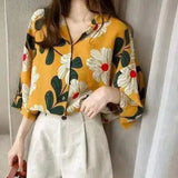 Floral V-Neck Women's Casual Blouse-Yellow-1