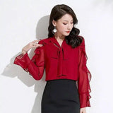 Women's Tie-Neck Sheer Sleeve Blouse-Red-2