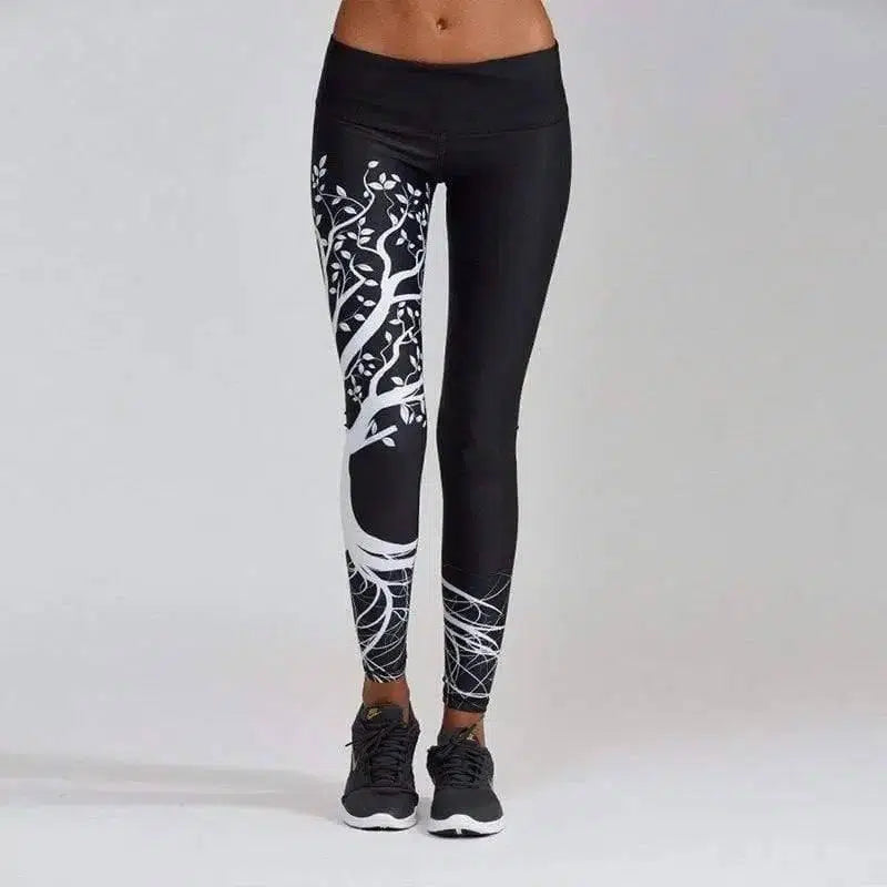 Branch Print Hip High Waist Sports Leggings-Black-2