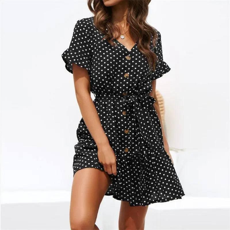 Casual polka-dot high-rise strap V-neck chiffon ladies dress-black-19