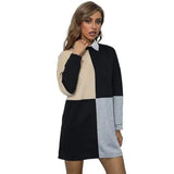 Colorblock Round Neck Long Long Sleeve Sweater Dress-Khaki-2